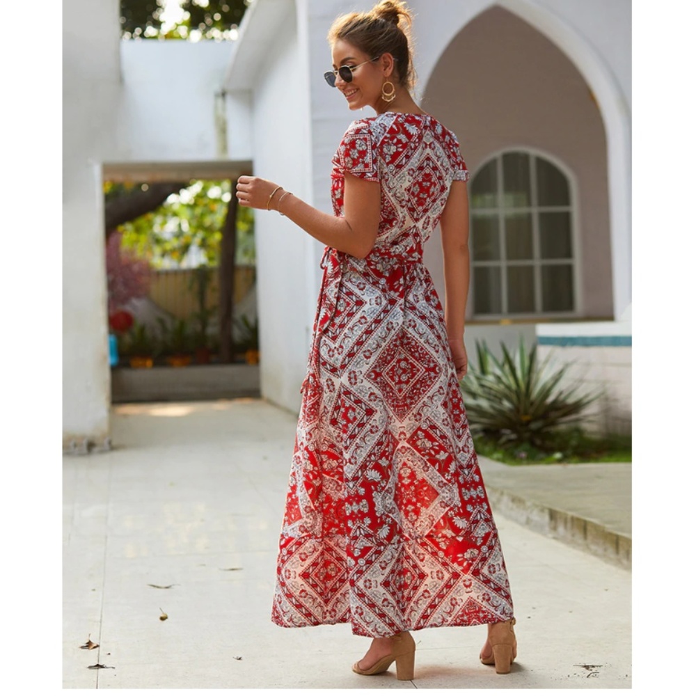 🆕Gypsy Bohemian Summer V-neck Maxi Printed Dress - Picture 2 of 13